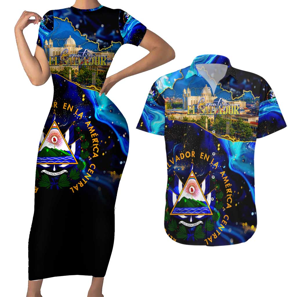 El Salvador Country Pride Couples Matching Short Sleeve Bodycon Dress and Hawaiian Shirt Map Flag and National Emblem Art in Cosmic Blue - Wonder Print Shop
