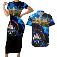 El Salvador Country Pride Couples Matching Short Sleeve Bodycon Dress and Hawaiian Shirt Map Flag and National Emblem Art in Cosmic Blue - Wonder Print Shop