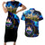 El Salvador Country Pride Couples Matching Short Sleeve Bodycon Dress and Hawaiian Shirt Map Flag and National Emblem Art in Cosmic Blue - Wonder Print Shop
