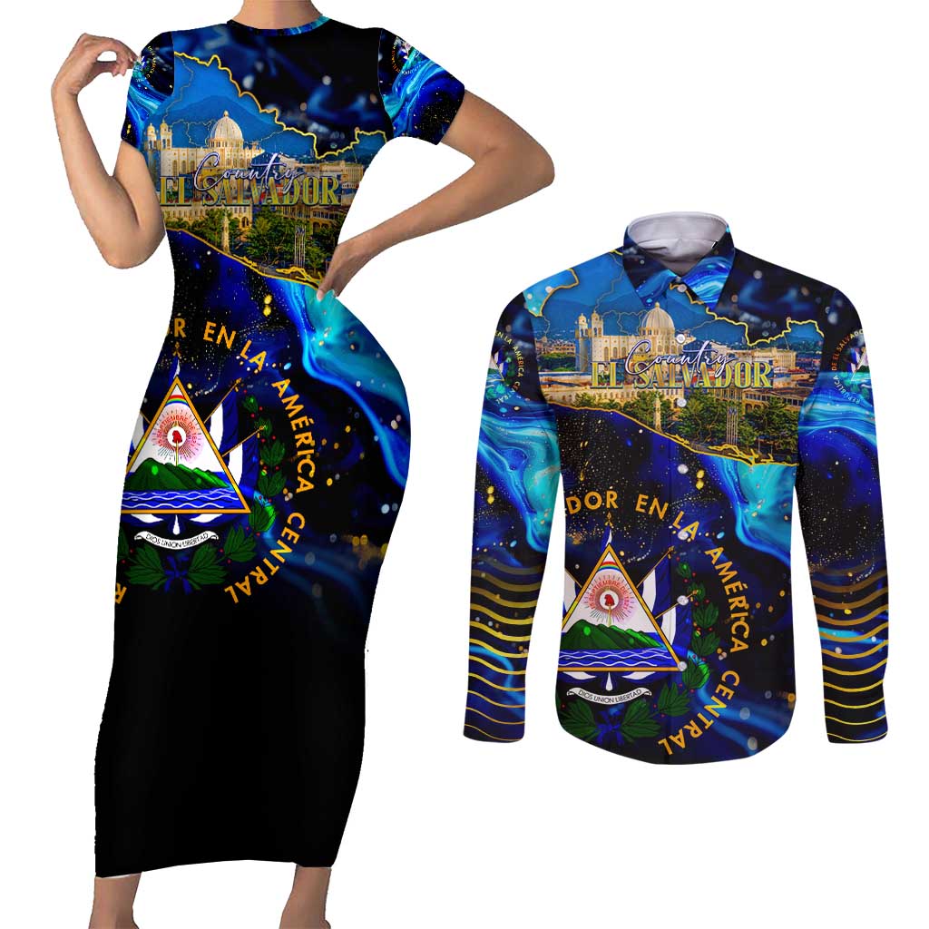 El Salvador Country Pride Couples Matching Short Sleeve Bodycon Dress and Long Sleeve Button Shirt Map Flag and National Emblem Art in Cosmic Blue - Wonder Print Shop