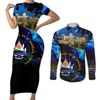 El Salvador Country Pride Couples Matching Short Sleeve Bodycon Dress and Long Sleeve Button Shirt Map Flag and National Emblem Art in Cosmic Blue - Wonder Print Shop