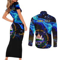 El Salvador Country Pride Couples Matching Short Sleeve Bodycon Dress and Long Sleeve Button Shirt Map Flag and National Emblem Art in Cosmic Blue - Wonder Print Shop