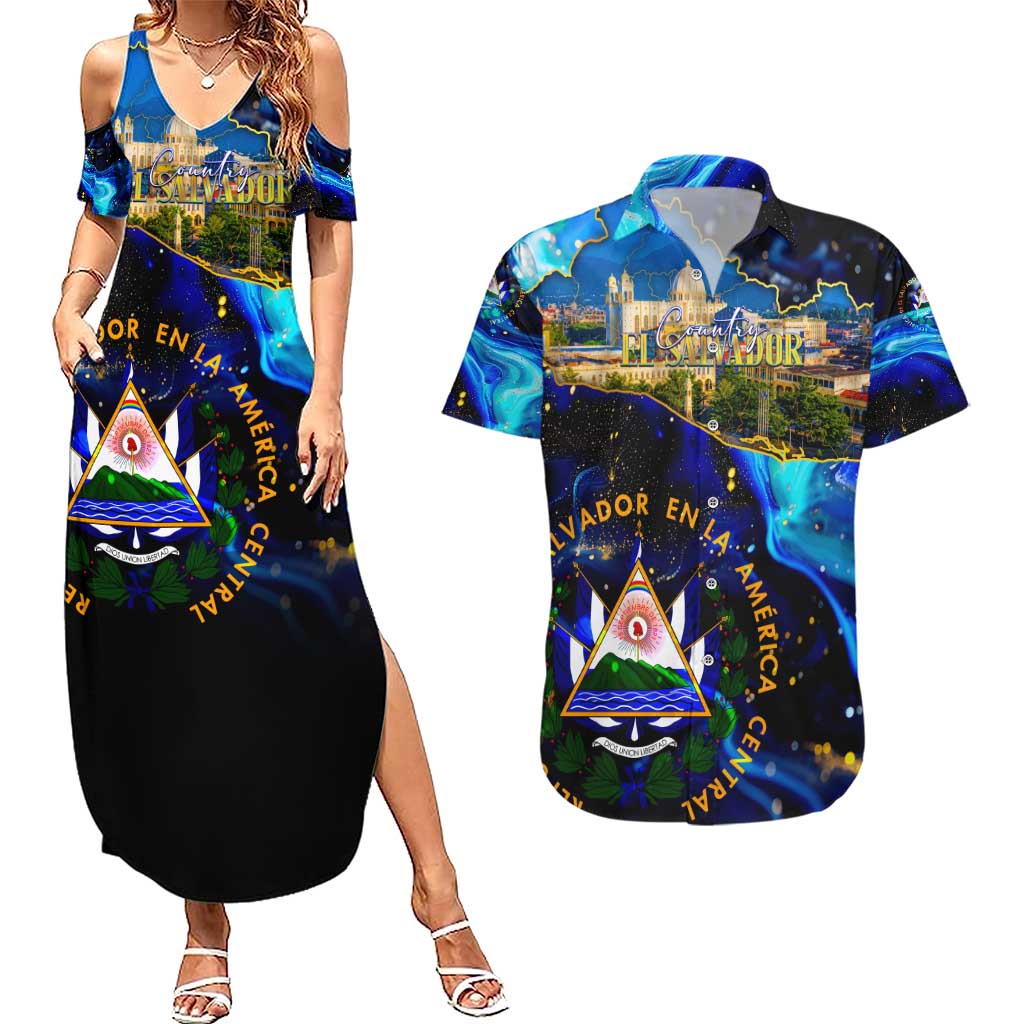 El Salvador Country Pride Couples Matching Summer Maxi Dress and Hawaiian Shirt Map Flag and National Emblem Art in Cosmic Blue - Wonder Print Shop