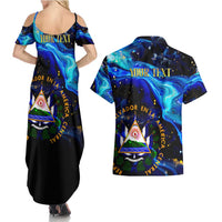 El Salvador Country Pride Couples Matching Summer Maxi Dress and Hawaiian Shirt Map Flag and National Emblem Art in Cosmic Blue - Wonder Print Shop
