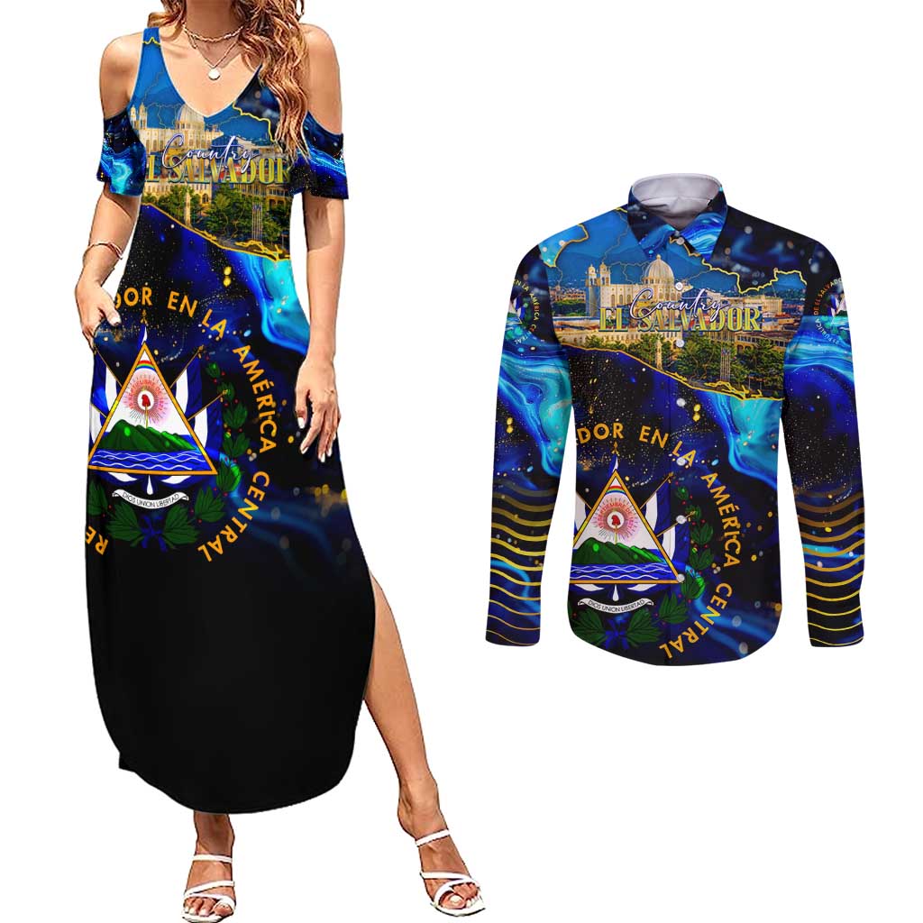 El Salvador Country Pride Couples Matching Summer Maxi Dress and Long Sleeve Button Shirt Map Flag and National Emblem Art in Cosmic Blue - Wonder Print Shop