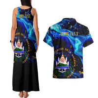 El Salvador Country Pride Couples Matching Tank Maxi Dress and Hawaiian Shirt Map Flag and National Emblem Art in Cosmic Blue - Wonder Print Shop