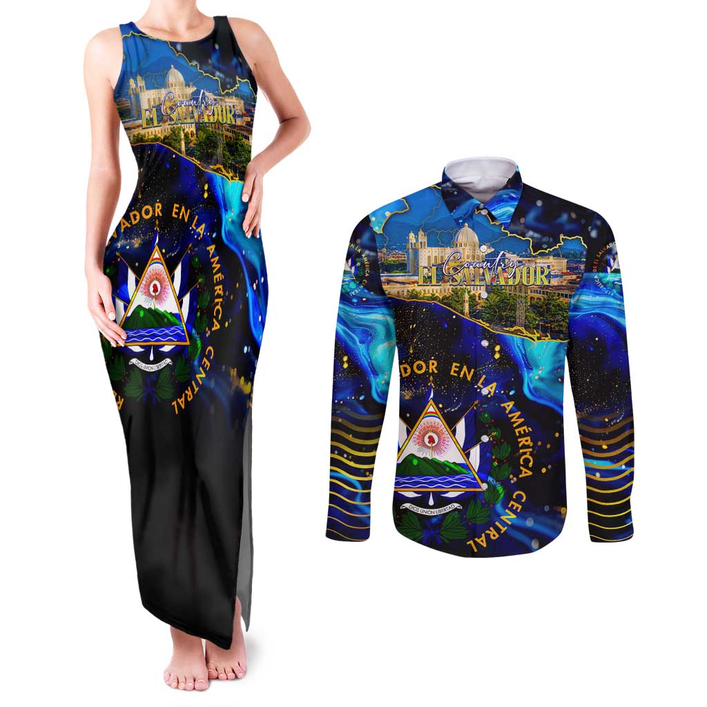 El Salvador Country Pride Couples Matching Tank Maxi Dress and Long Sleeve Button Shirt Map Flag and National Emblem Art in Cosmic Blue - Wonder Print Shop