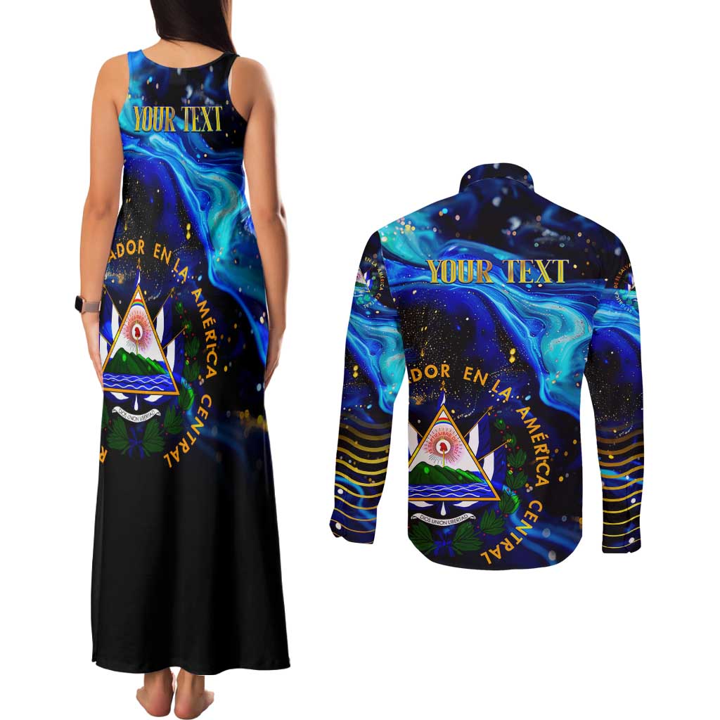 El Salvador Country Pride Couples Matching Tank Maxi Dress and Long Sleeve Button Shirt Map Flag and National Emblem Art in Cosmic Blue - Wonder Print Shop