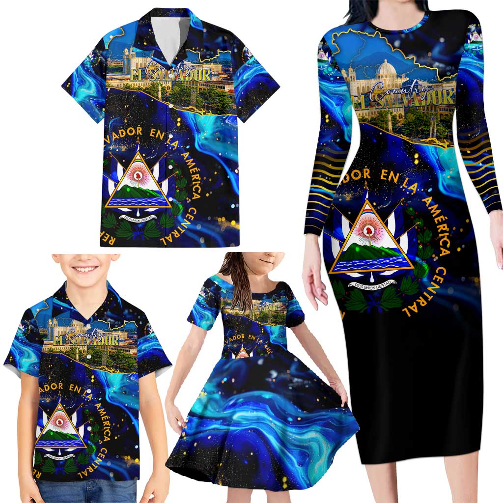 El Salvador Country Pride Family Matching Long Sleeve Bodycon Dress and Hawaiian Shirt Map Flag and National Emblem Art in Cosmic Blue - Wonder Print Shop