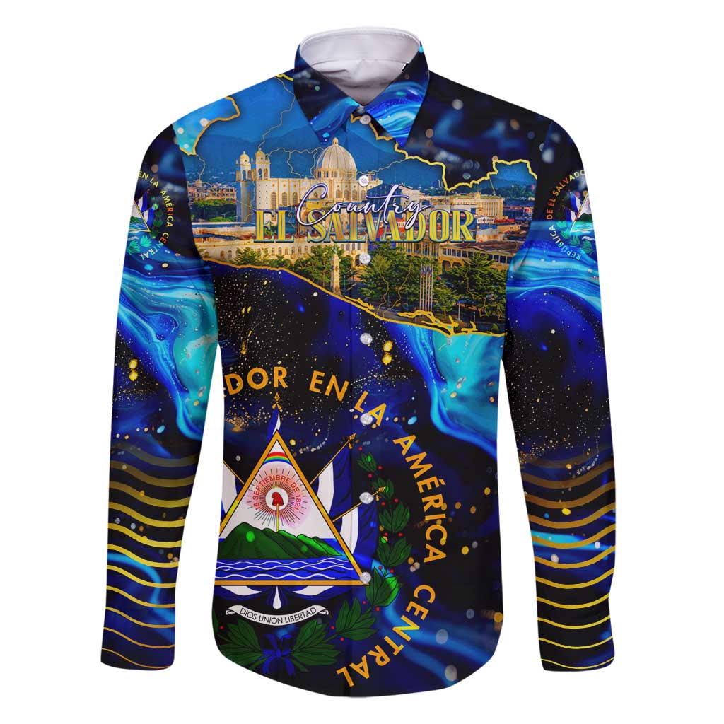 El Salvador Country Pride Family Matching Long Sleeve Bodycon Dress and Hawaiian Shirt Map Flag and National Emblem Art in Cosmic Blue - Wonder Print Shop