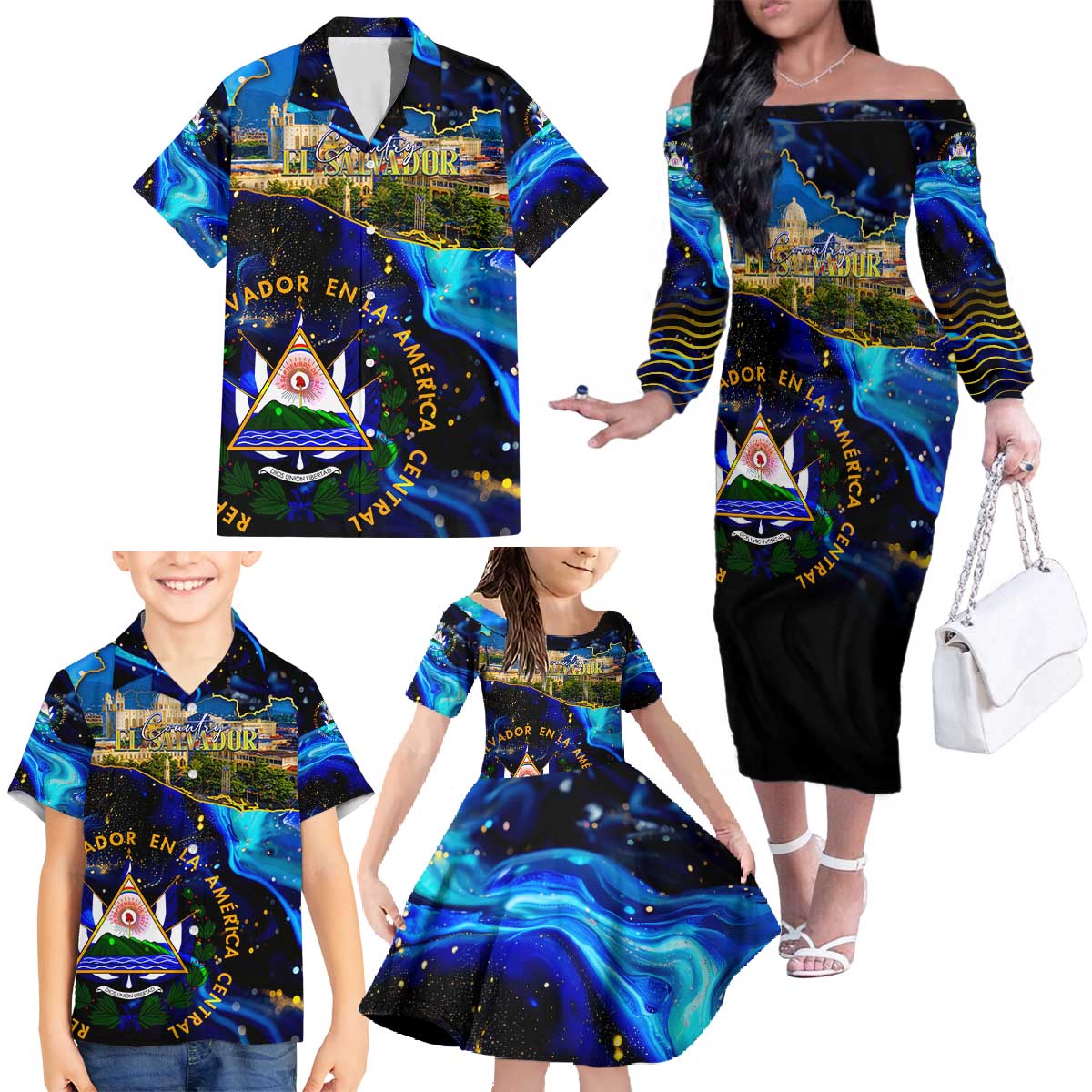 El Salvador Country Pride Family Matching Off The Shoulder Long Sleeve Dress and Hawaiian Shirt Map Flag and National Emblem Art in Cosmic Blue - Wonder Print Shop