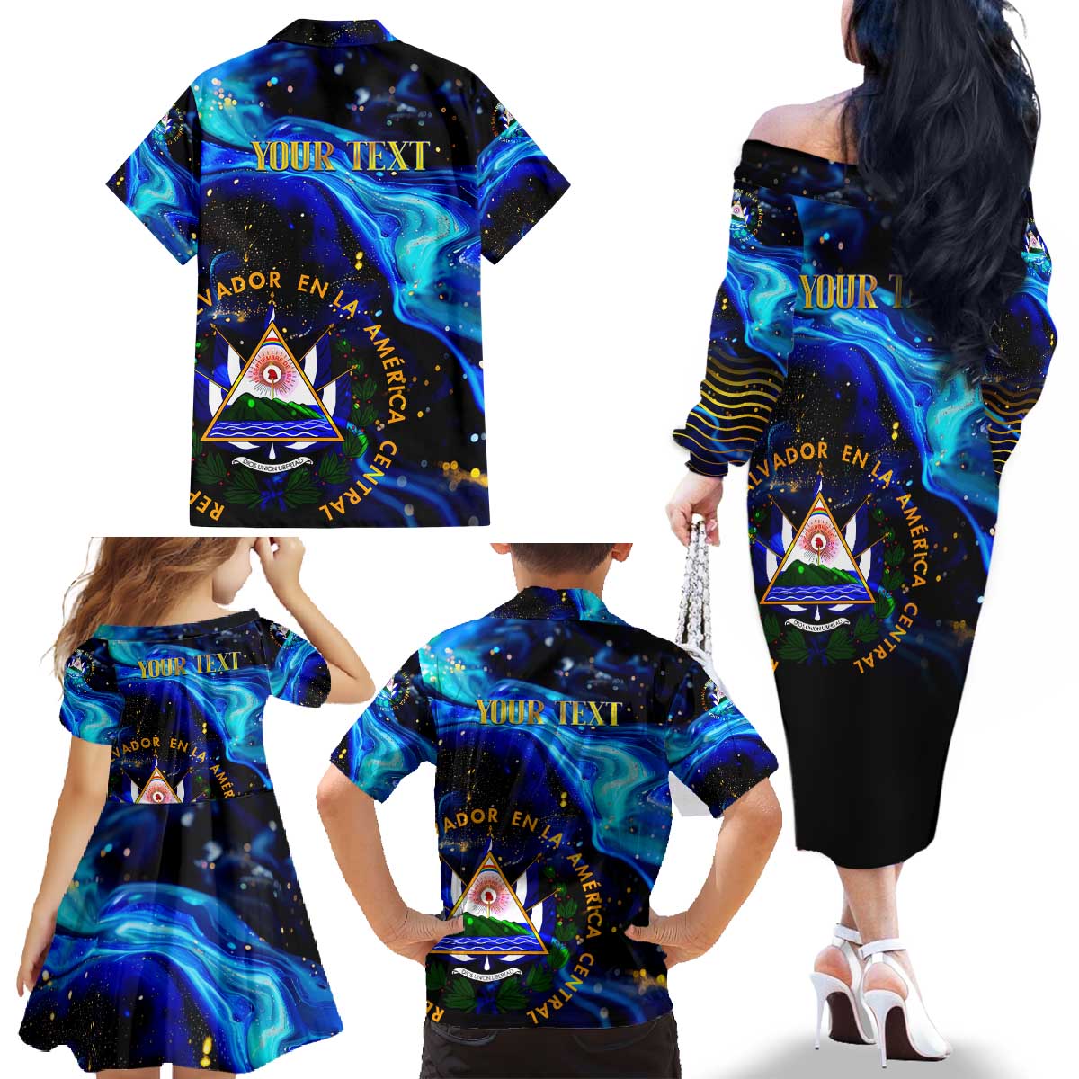 El Salvador Country Pride Family Matching Off The Shoulder Long Sleeve Dress and Hawaiian Shirt Map Flag and National Emblem Art in Cosmic Blue - Wonder Print Shop