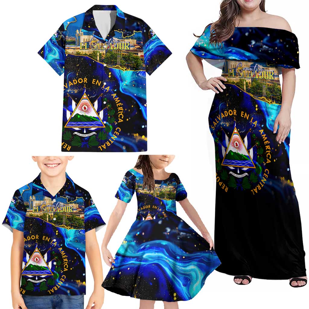 El Salvador Country Pride Family Matching Off Shoulder Maxi Dress and Hawaiian Shirt Map Flag and National Emblem Art in Cosmic Blue - Wonder Print Shop