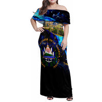 El Salvador Country Pride Family Matching Off Shoulder Maxi Dress and Hawaiian Shirt Map Flag and National Emblem Art in Cosmic Blue - Wonder Print Shop