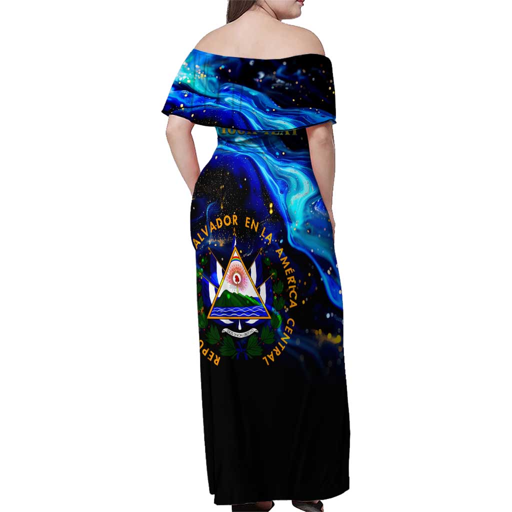 El Salvador Country Pride Family Matching Off Shoulder Maxi Dress and Hawaiian Shirt Map Flag and National Emblem Art in Cosmic Blue - Wonder Print Shop