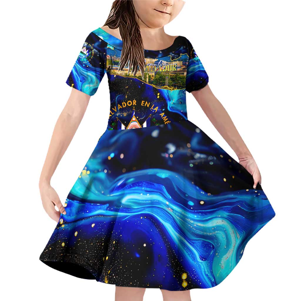 El Salvador Country Pride Family Matching Off Shoulder Short Dress and Hawaiian Shirt Map Flag and National Emblem Art in Cosmic Blue - Wonder Print Shop