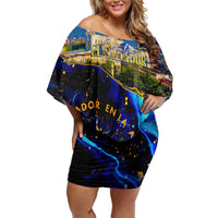 El Salvador Country Pride Family Matching Off Shoulder Short Dress and Hawaiian Shirt Map Flag and National Emblem Art in Cosmic Blue - Wonder Print Shop