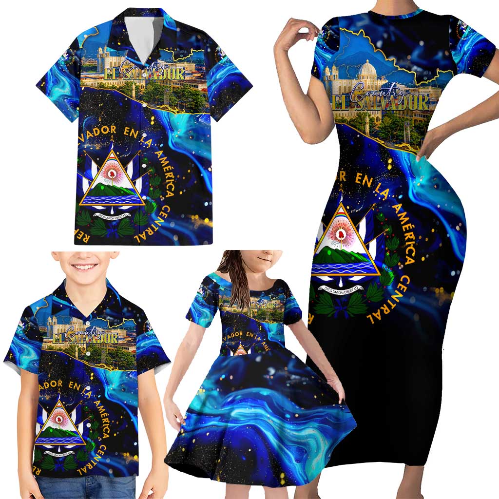El Salvador Country Pride Family Matching Short Sleeve Bodycon Dress and Hawaiian Shirt Map Flag and National Emblem Art in Cosmic Blue - Wonder Print Shop