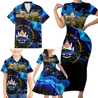El Salvador Country Pride Family Matching Short Sleeve Bodycon Dress and Hawaiian Shirt Map Flag and National Emblem Art in Cosmic Blue - Wonder Print Shop
