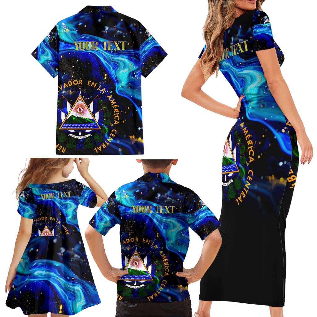 El Salvador Country Pride Family Matching Short Sleeve Bodycon Dress and Hawaiian Shirt Map Flag and National Emblem Art in Cosmic Blue - Wonder Print Shop