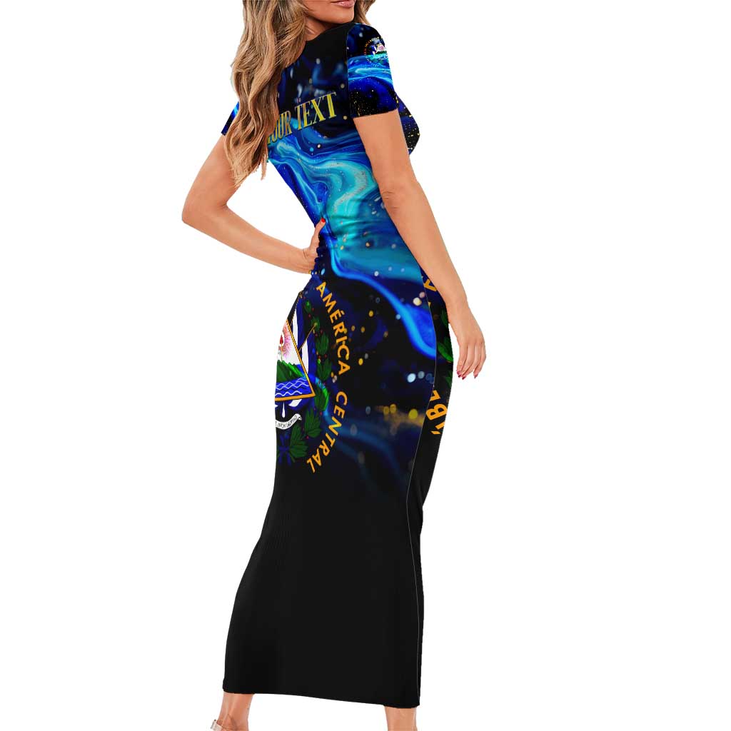 El Salvador Country Pride Family Matching Short Sleeve Bodycon Dress and Hawaiian Shirt Map Flag and National Emblem Art in Cosmic Blue - Wonder Print Shop