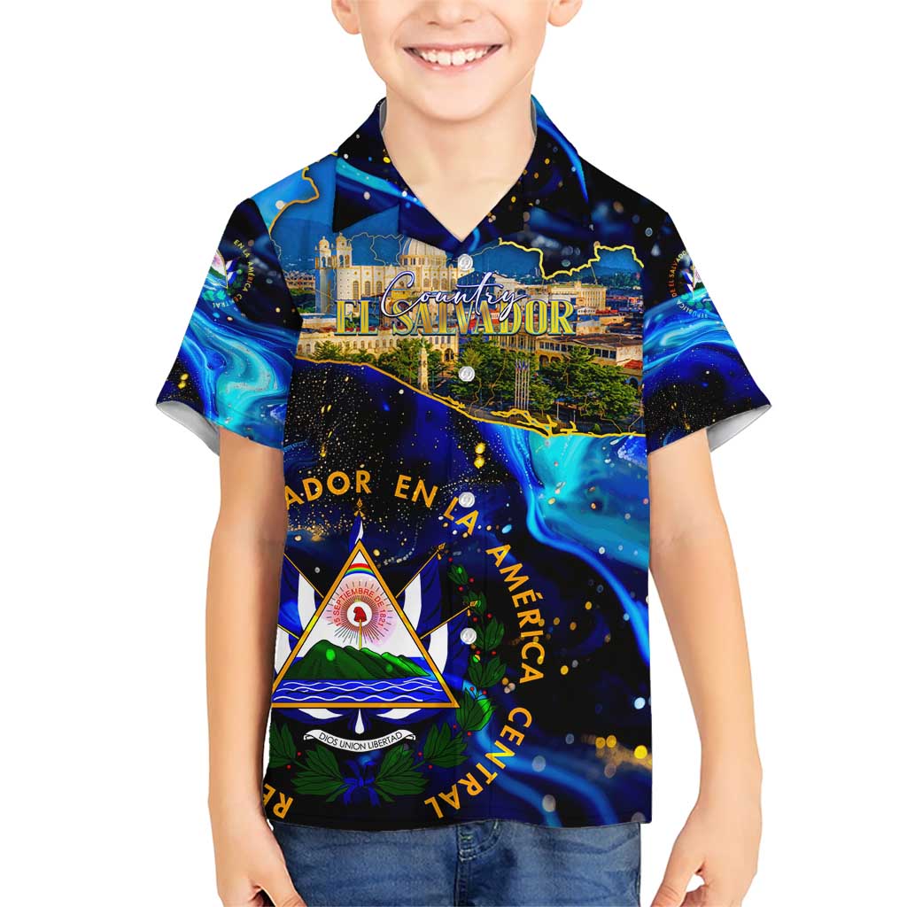 El Salvador Country Pride Family Matching Short Sleeve Bodycon Dress and Hawaiian Shirt Map Flag and National Emblem Art in Cosmic Blue - Wonder Print Shop