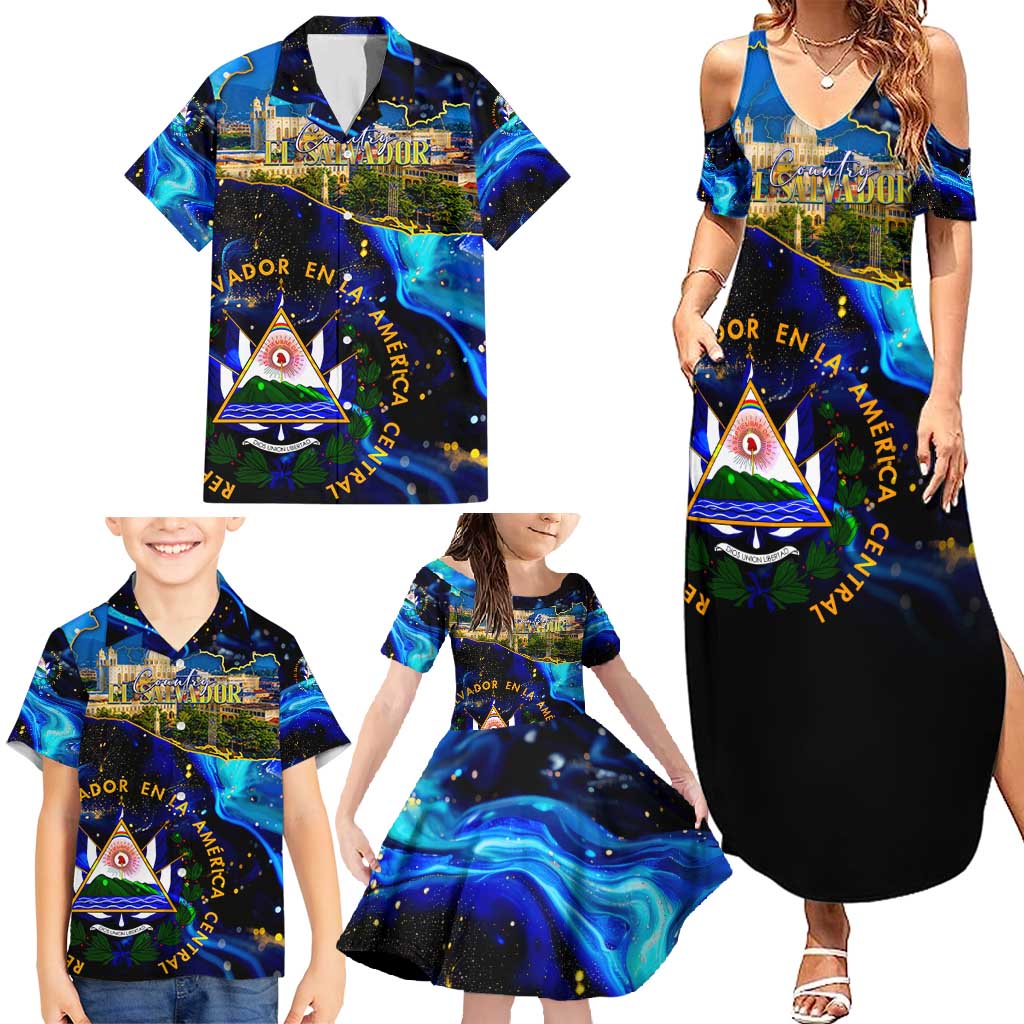 El Salvador Country Pride Family Matching Summer Maxi Dress and Hawaiian Shirt Map Flag and National Emblem Art in Cosmic Blue - Wonder Print Shop