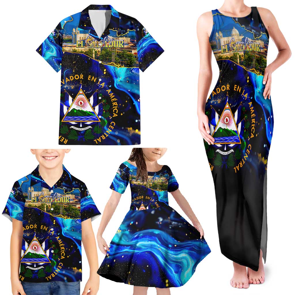 El Salvador Country Pride Family Matching Tank Maxi Dress and Hawaiian Shirt Map Flag and National Emblem Art in Cosmic Blue - Wonder Print Shop