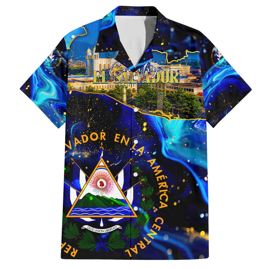 El Salvador Country Pride Hawaiian Shirt Map Flag and National Emblem Art in Cosmic Blue - Wonder Print Shop
