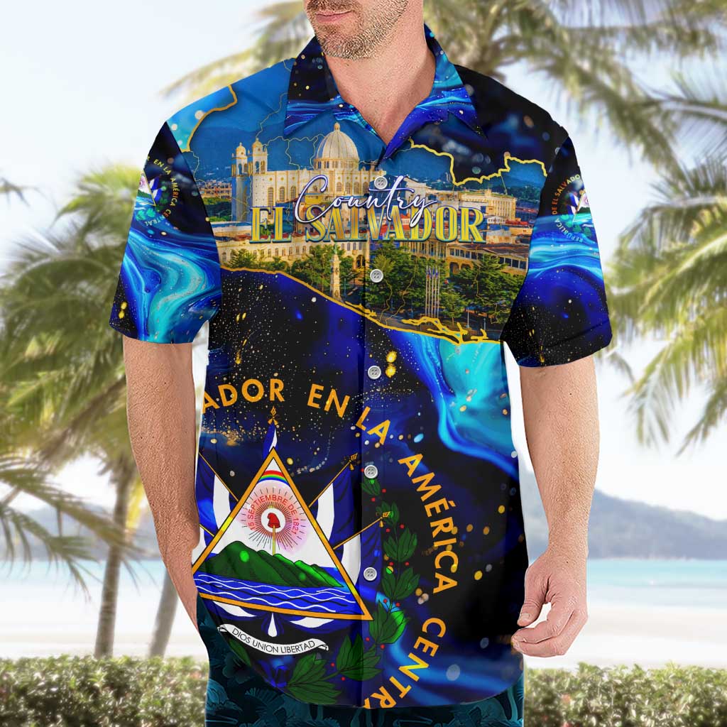 El Salvador Country Pride Hawaiian Shirt Map Flag and National Emblem Art in Cosmic Blue - Wonder Print Shop