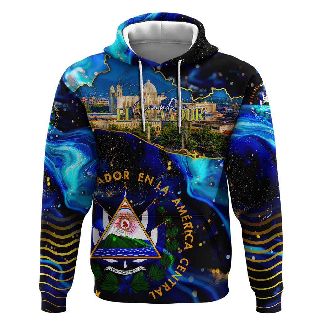 El Salvador Country Pride Hoodie Map Flag and National Emblem Art in Cosmic Blue - Wonder Print Shop