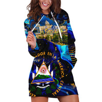 El Salvador Country Pride Hoodie Dress Map Flag and National Emblem Art in Cosmic Blue - Wonder Print Shop