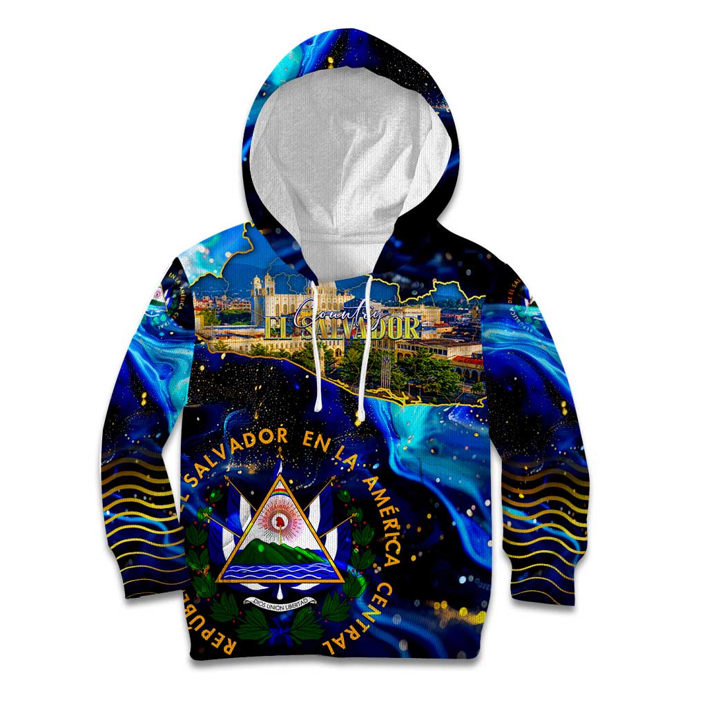 El Salvador Country Pride Kid Hoodie Map Flag and National Emblem Art in Cosmic Blue - Wonder Print Shop