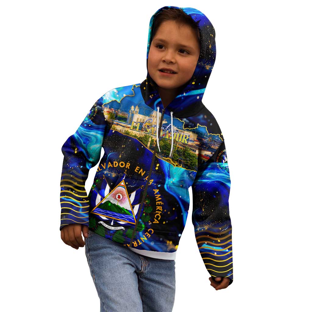 El Salvador Country Pride Kid Hoodie Map Flag and National Emblem Art in Cosmic Blue - Wonder Print Shop