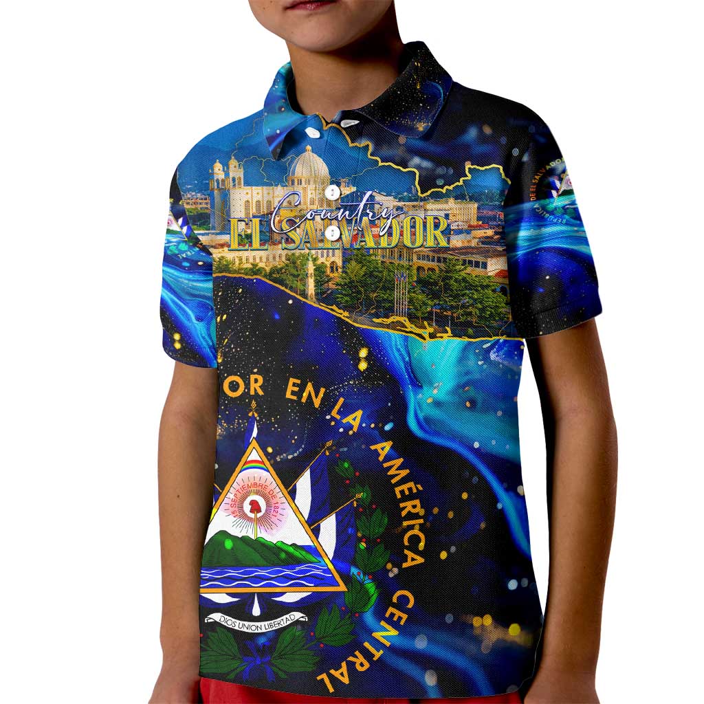 El Salvador Country Pride Kid Polo Shirt Map Flag and National Emblem Art in Cosmic Blue - Wonder Print Shop