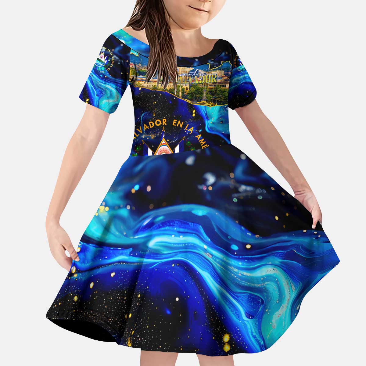 El Salvador Country Pride Kid Short Sleeve Dress Map Flag and National Emblem Art in Cosmic Blue - Wonder Print Shop