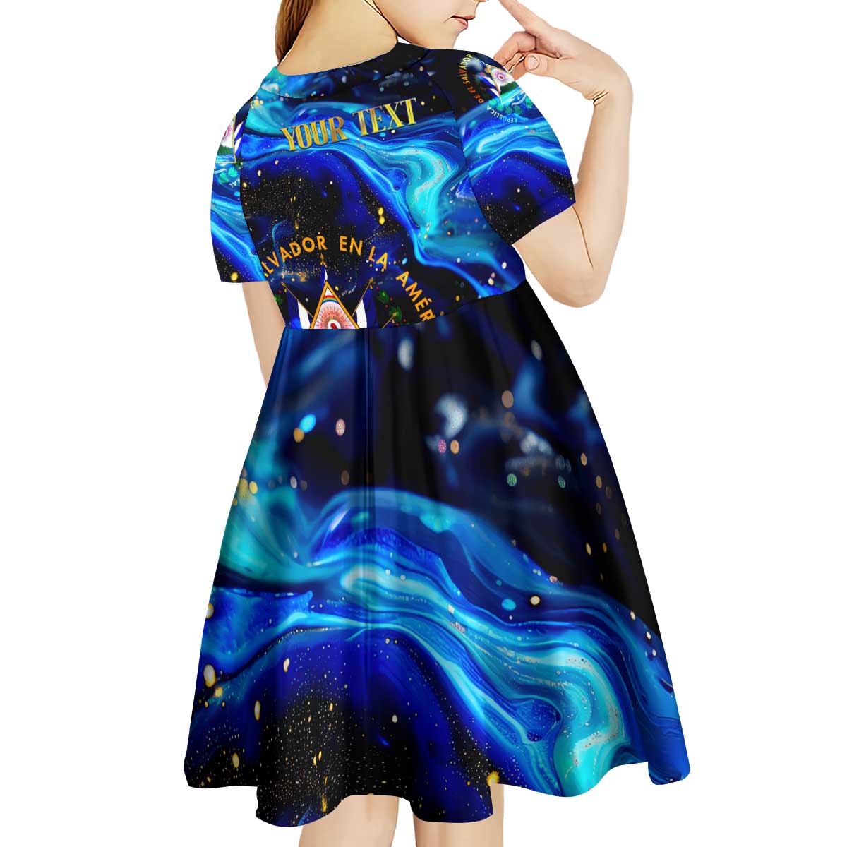 El Salvador Country Pride Kid Short Sleeve Dress Map Flag and National Emblem Art in Cosmic Blue - Wonder Print Shop