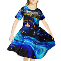 El Salvador Country Pride Kid Short Sleeve Dress Map Flag and National Emblem Art in Cosmic Blue - Wonder Print Shop