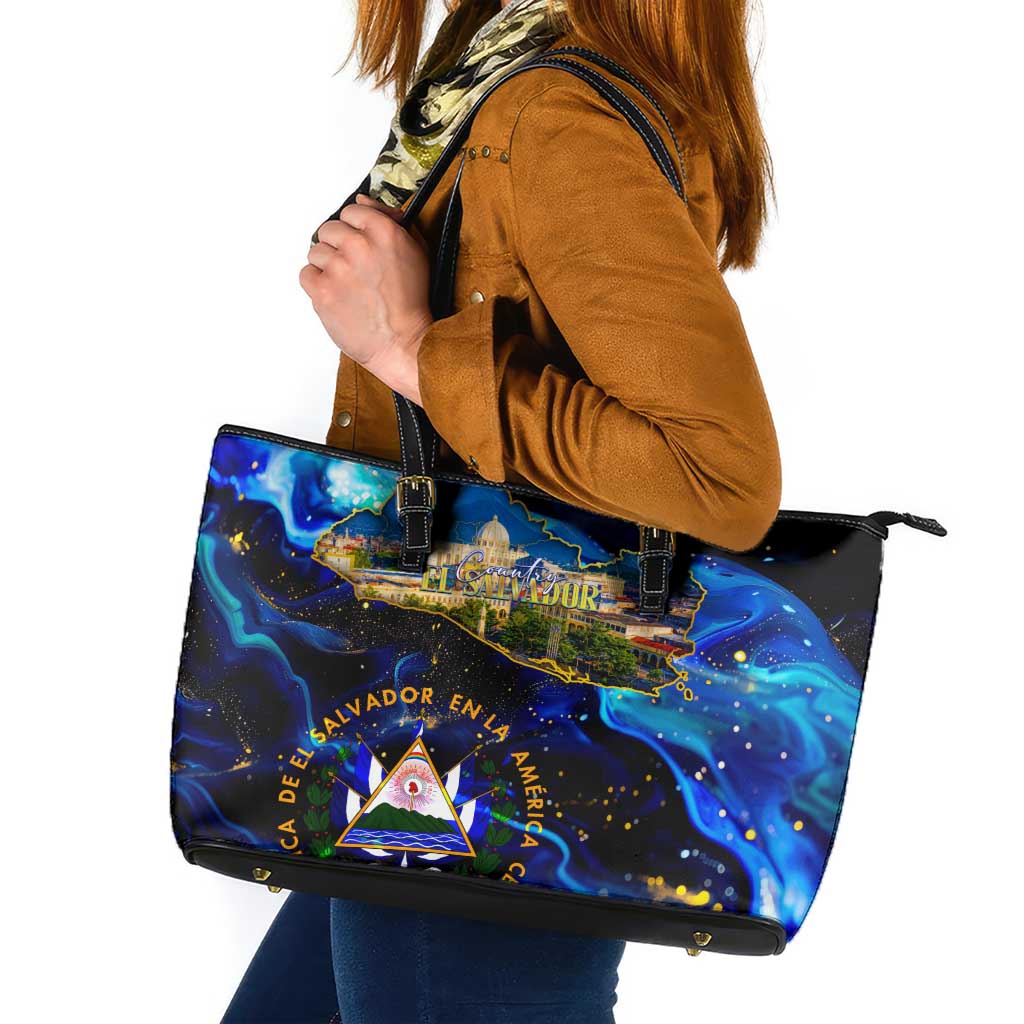 El Salvador Country Pride Leather Tote Bag Map Flag and National Emblem Art in Cosmic Blue - Wonder Print Shop