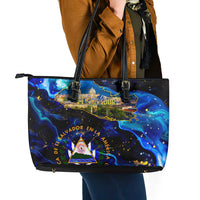 El Salvador Country Pride Leather Tote Bag Map Flag and National Emblem Art in Cosmic Blue - Wonder Print Shop