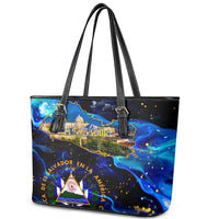 El Salvador Country Pride Leather Tote Bag Map Flag and National Emblem Art in Cosmic Blue - Wonder Print Shop