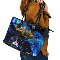 El Salvador Country Pride Leather Tote Bag Map Flag and National Emblem Art in Cosmic Blue - Wonder Print Shop
