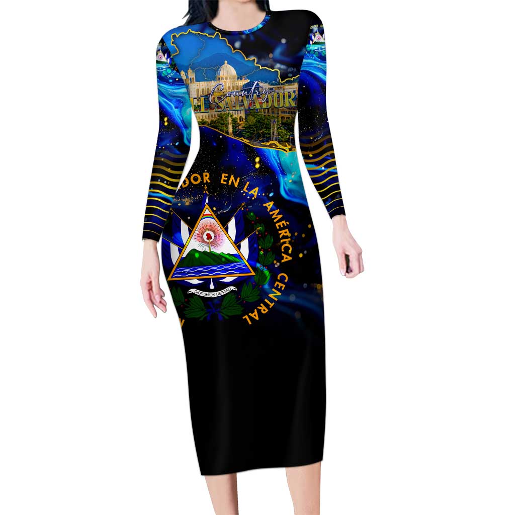 El Salvador Country Pride Long Sleeve Bodycon Dress Map Flag and National Emblem Art in Cosmic Blue - Wonder Print Shop