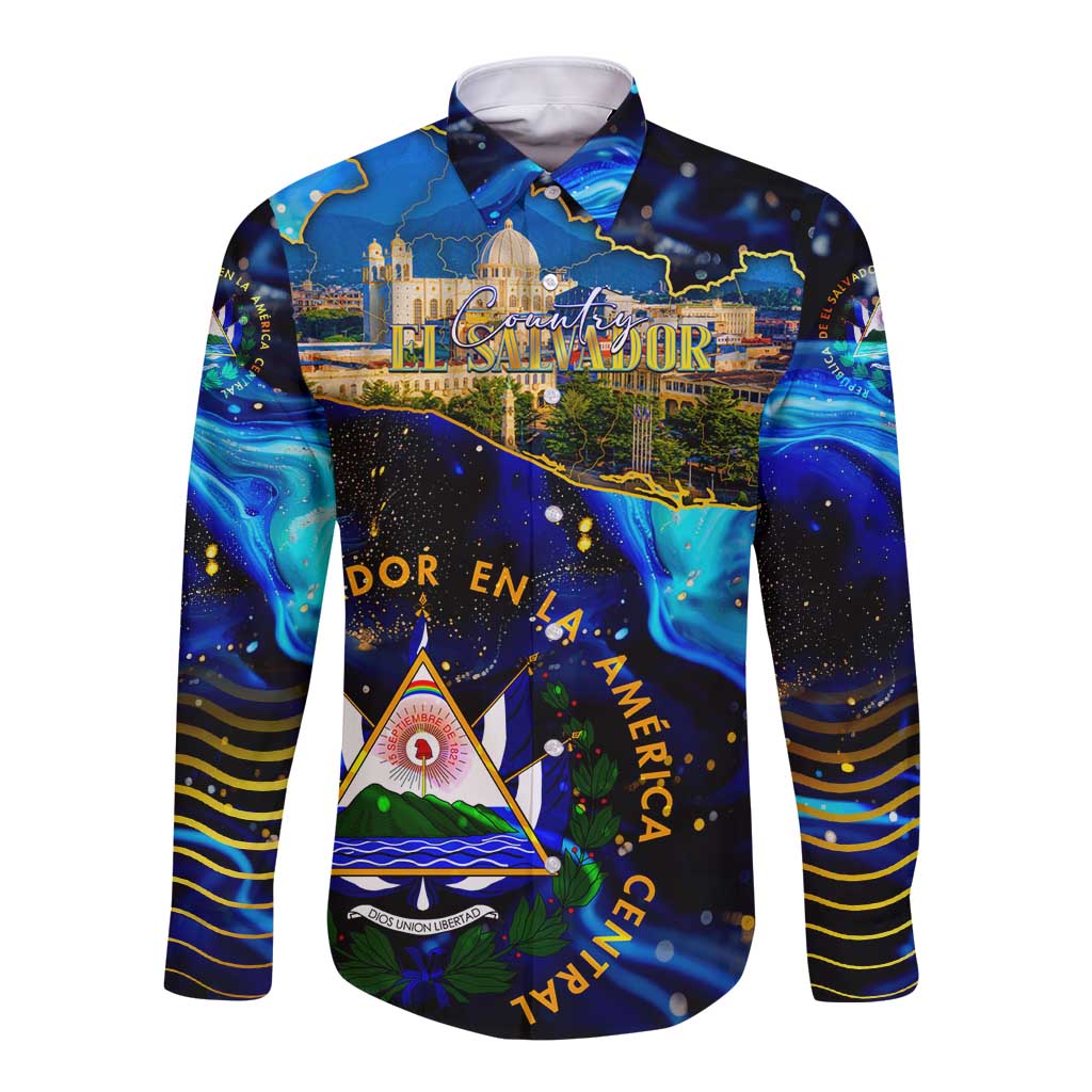 El Salvador Country Pride Long Sleeve Button Shirt Map Flag and National Emblem Art in Cosmic Blue - Wonder Print Shop