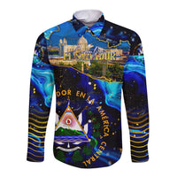 El Salvador Country Pride Long Sleeve Button Shirt Map Flag and National Emblem Art in Cosmic Blue - Wonder Print Shop