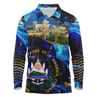 El Salvador Country Pride Long Sleeve Polo Shirt Map Flag and National Emblem Art in Cosmic Blue - Wonder Print Shop