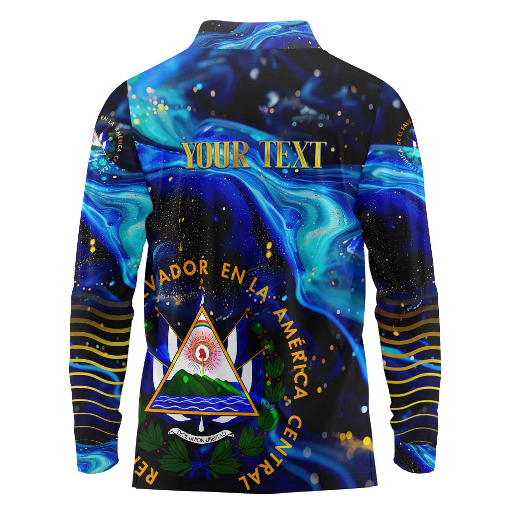 El Salvador Country Pride Long Sleeve Polo Shirt Map Flag and National Emblem Art in Cosmic Blue - Wonder Print Shop