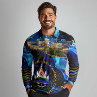 El Salvador Country Pride Long Sleeve Polo Shirt Map Flag and National Emblem Art in Cosmic Blue - Wonder Print Shop