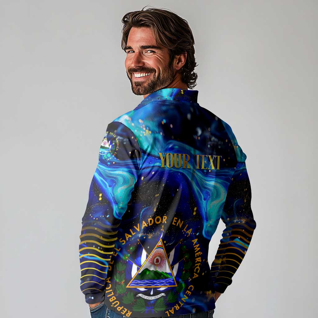 El Salvador Country Pride Long Sleeve Polo Shirt Map Flag and National Emblem Art in Cosmic Blue - Wonder Print Shop