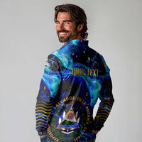 El Salvador Country Pride Long Sleeve Polo Shirt Map Flag and National Emblem Art in Cosmic Blue - Wonder Print Shop